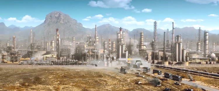 Les bus militarisés escortés par des hélicoptères d'assaut quittent la raffinerie assiégée dans le film Project X-Traction